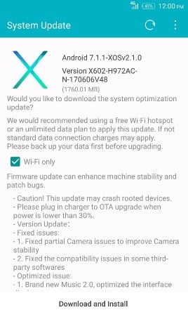 Zero 4 Plus X602 official Android Nougat update