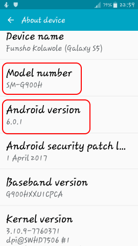 device model number n android name