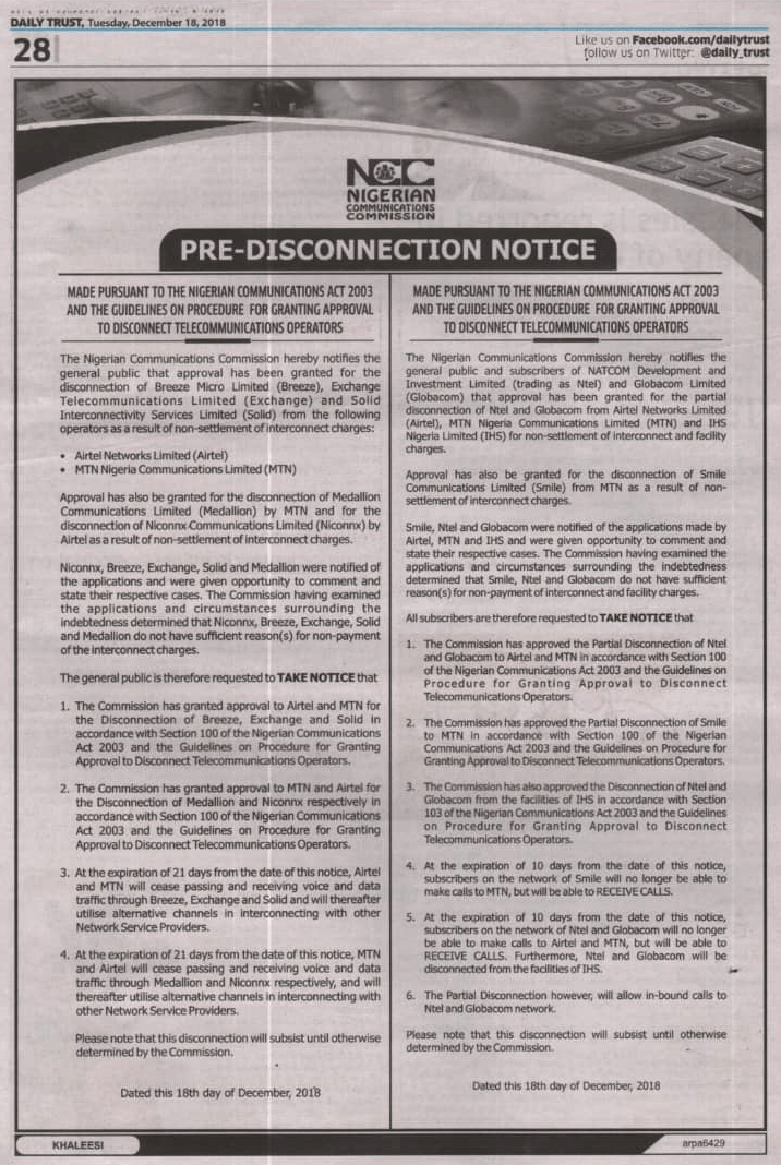 NCC pre disconnection notice