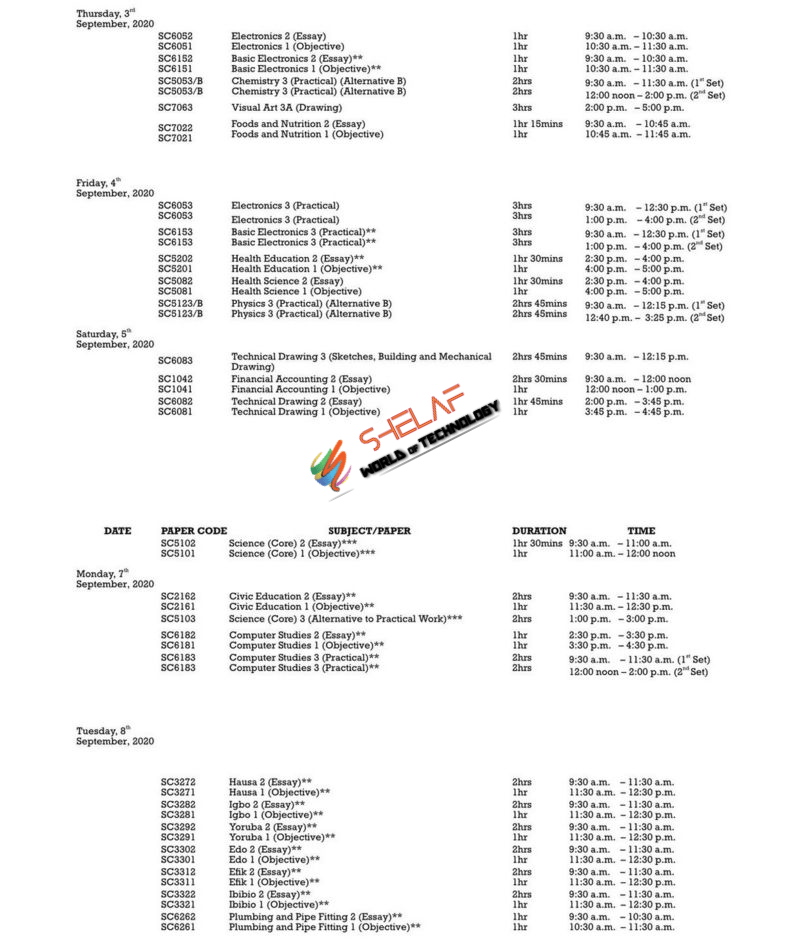 Waec 2020 Timetable 6