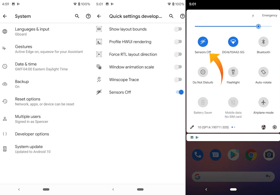 android 10 enable sensor toggle