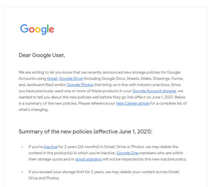 google email notification for removing files