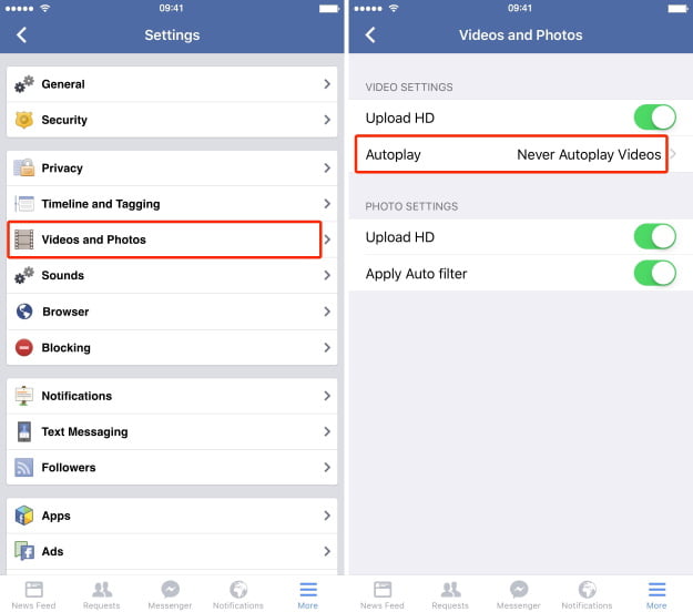 Facebook app Stop Autoplay videos