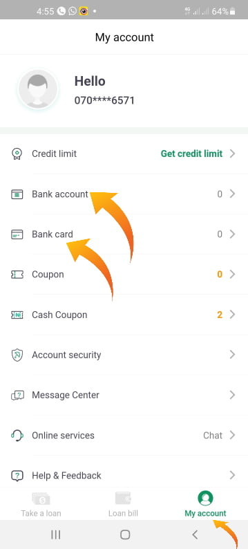 tie bank account and bank card with LCredit Loan App