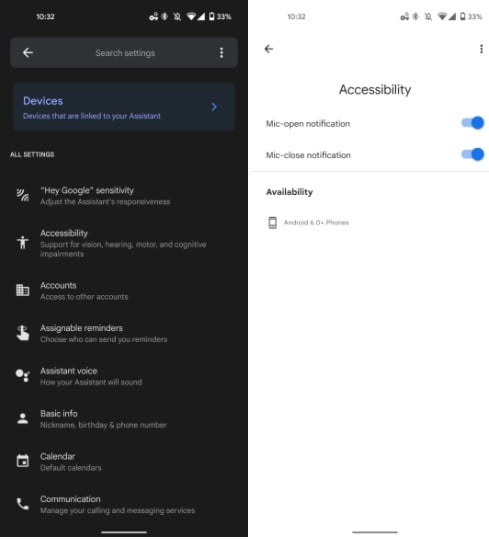 Google Assistant settings Accessibility
