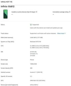 Infinix Hot 11S specifications on google console