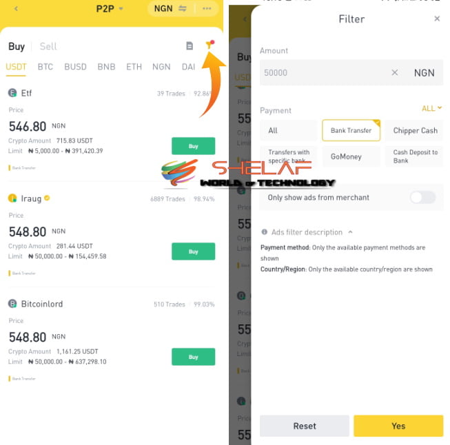 P2P trading fiter on Binance