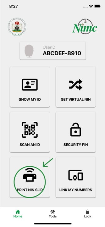 NIN mobile app print nin slip button