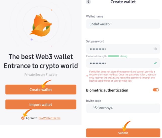 FoxWallet App create wallet process