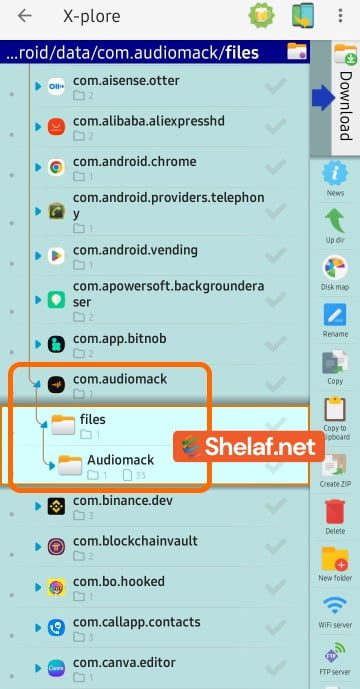 Locate the Audiomack file directory on x-plore