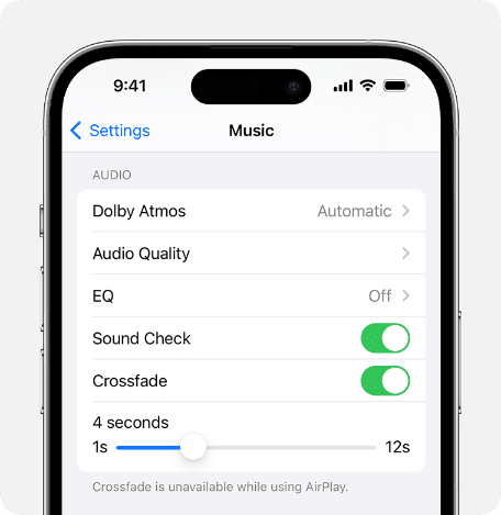 ios-17 settings apple music crossfade on