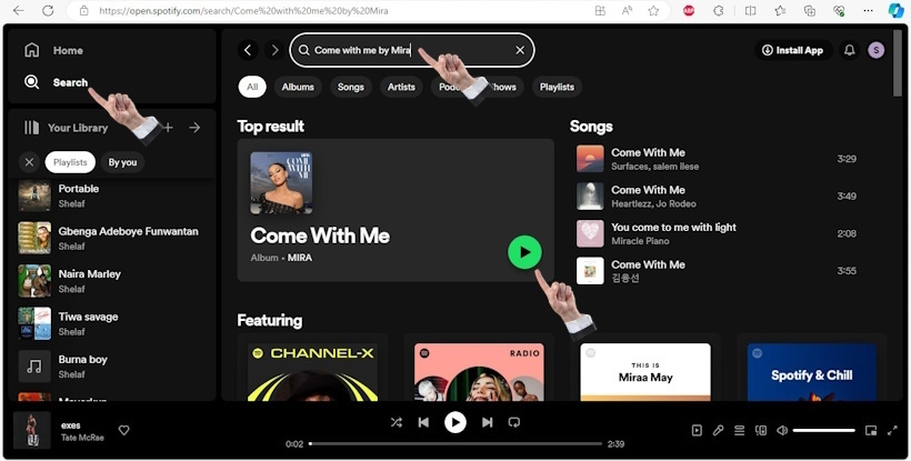 Search for music on Spotify Web Player