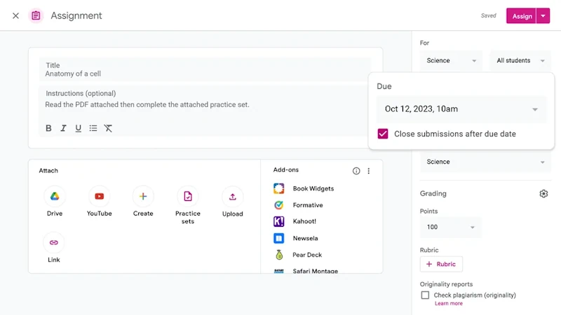 Google Classroom assignment